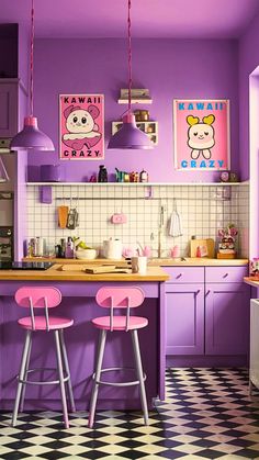 a kitchen with purple walls and checkered flooring on the floor, two pink stools in front of an island