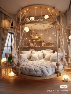 a canopy bed with white pillows and lights on the ceiling in a room that is lit up