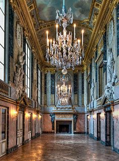 an ornate room with chandelier and paintings on the walls