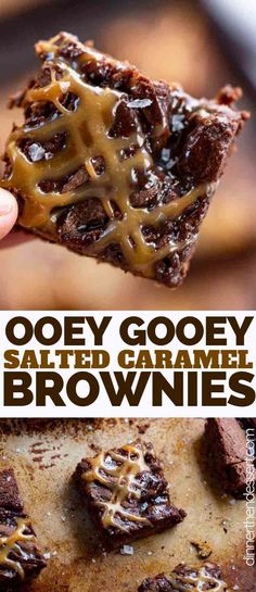 someone holding up a piece of brownie with caramel drizzle on top