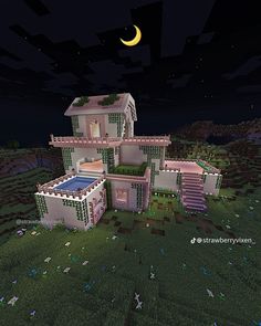 an image of a house that is in the middle of some grass with a moon above it