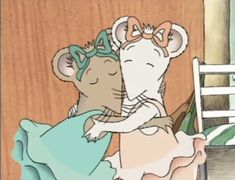 a mouse hugging another mouse in front of a wooden wall and chair with the door open