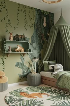 a child's bedroom decorated in green and white with jungle theme, including a canopy bed