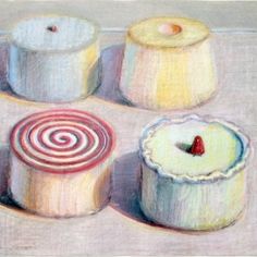 an oil painting of four different types of candles