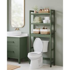 a bathroom with green shelving and white toilet