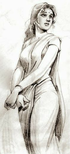 a pencil drawing of a woman in a long dress with her hands on her hips