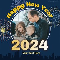 a happy new year card with fireworks and a photo of two children in front of a christmas tree