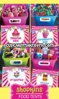 several different boxes filled with candy and candies on display in front of a sign that says cupcake maker