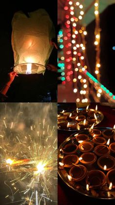 several different pictures with candles and lights in the middle one has a paper lantern on it