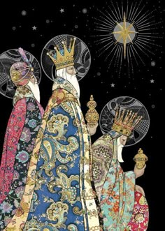 three women in colorful dresses and hats with stars above them, one wearing a crown