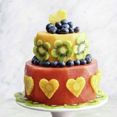 a three tiered cake with fruit on top