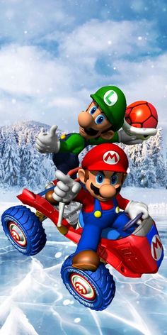 mario kart and luigi in the snow on a red car with an orange ball