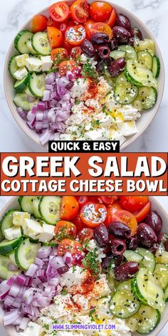 greek salad with cucumbers, tomatoes, onions and olives in a bowl