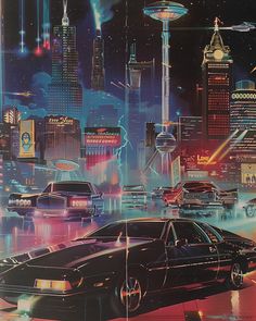 a car is parked in front of a futuristic city