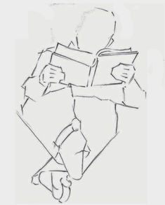 a black and white drawing of a person with a book in their hands, reading