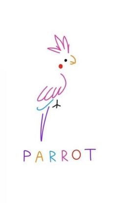 the parrot is sitting on top of the word parrott written in multicolored letters