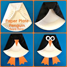 paper plate penguin craft for kids with snowflakes and flakes in the background