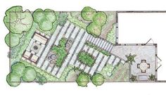 a drawing of a garden with lots of trees and plants in it, including an area for