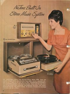 an advertisement for the new stereo music system, featuring a woman holding a record player