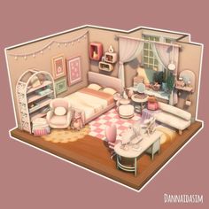 an image of a doll's bedroom with furniture and accessories on the floor in pastel colors