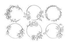 four circular frames with flowers and leaves on them, each one drawn in black ink