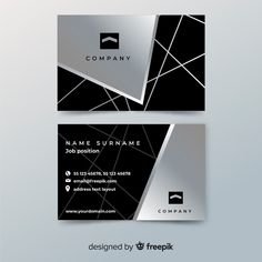 two business cards with black and silver lines