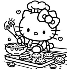 hello kitty cooking food on the stove with her spoon and fork in front of it