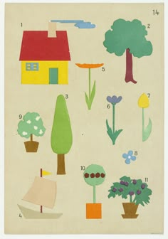 a poster with different types of trees and flowers on it's side, including a house