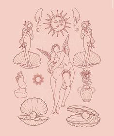 an image of the sun and other things in pink ink on a light pink background