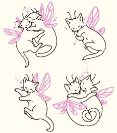 four drawings of cats in different positions with wings on their backs, one cat is sleeping and