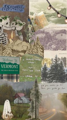 a collage of various images with trees and buildings in the background, including a street sign