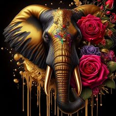 an elephant with gold paint and flowers on it's face