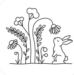 a rabbit sitting in the grass next to some flowers and plants with hearts on it