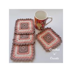 three crocheted coasters and a coffee mug on a table