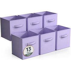 six purple storage bins with the number 13 on each one side and three different colors