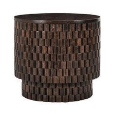 a round wooden table that is made out of wood blocks and has an interesting pattern on the top