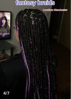 Cute Hair Styles Braids Black, Half Dyed Braids, Fantasy Braids Black Hair, Knotless Box Braid With Beads, Fansty Box Braids, Purple Peekaboo Highlights Braids, Black Braids With Purple Highlights, Peakaboobraids Purple And Black, Sparkly Knotless Braids