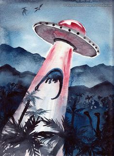 an alien spaceship flying through the sky over trees and mountains with palm trees in front of it