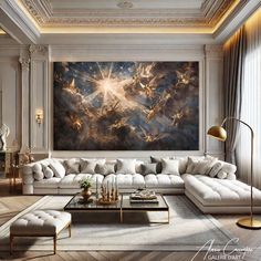 a living room filled with white furniture and a large painting on the wall above it