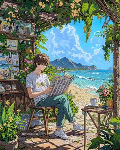 a painting of a man sitting on a chair reading a book by the beach with flowers around him