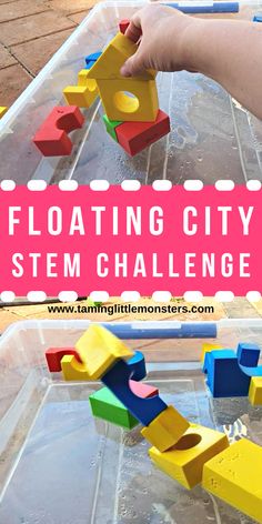 Floating City - STEM Challenge for Kids. Can you build a city that floats and doesn't fall down? This is a fun engineering activity for hot summer days. #stem #preschool #kindergarten #summer Sensory Building Activities, Building Activities Preschool Art, Stem Preschool Crafts, Construction Science Activities, Transportation Stem Activities, Engineer Activities For Preschool, Stem Activities Preschool Kindergarten, Engineer Crafts For Preschool, I Can Build Preschool