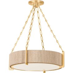 a chandelier hanging from the ceiling with gold chain and beige fabric on it