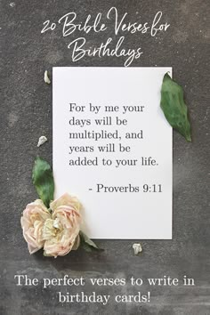 a piece of paper with a rose on it next to a card that says, 20 bible verses for birthdays