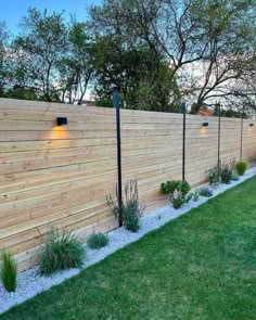 a wooden fence with lights on it and some plants in the grass next to it