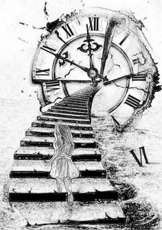 a drawing of a girl walking up stairs to a giant clock