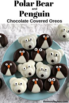 polar bear and penguin chocolate covered oreos on a plate