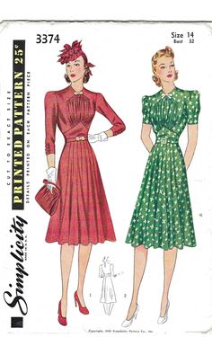 RARE 1940 Dress Sewing Pattern, 6-Gore Skirt, Slim Waist, Pintucking, Fabulous Sleeves. True Collector's pattern. Size 14   Bust 32, Copyright 1940 The pattern is precut, printed and complete. The pattern envelope is in amazing mint condition.    All patterns are mailed in quality archival storage sleeves. 1940 Dress, Gore Skirt, Vogue Women, Gored Skirt, Afternoon Dress