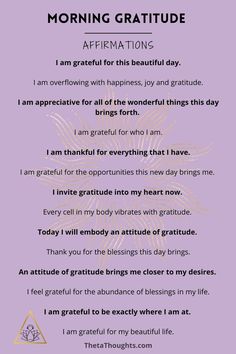 a poem written in purple with the words morning gratitude affirmations