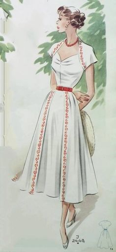 a drawing of a woman in a white dress with red trimmings on the waist