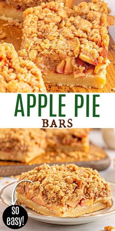 apple pie bars with crumbled toppings on top and below the bar text